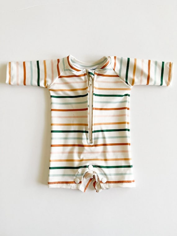 Boys Neutral Stripe Rash guard Swimsuit//Zippered Long Sleeve Swimwear// Children One Piece Bathing Suit