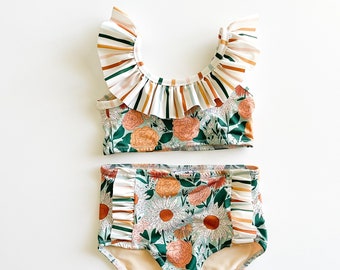 Girls Sunflower Stripe Swimsuit// Floral Sunflower Bathing-suit// Girls Birthday Outfit// Baby Birthday Swimsuit