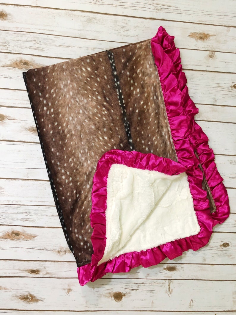 Axis Deer Hide Minky Blanket with Magenta Ruffle Border// Deer Etsy