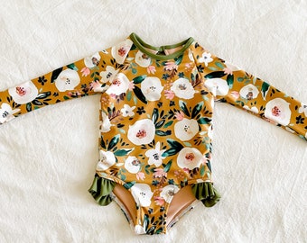 Girls Mustard Floral Rash-guard Swimsuit// Baby Girl Long Sleeve Bathing Suit