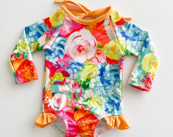 Girls Bright Watercolor Floral Rash-guard Swimsuit// Baby Girl Long Sleeve Bathing Suit// UPF 50 Swimwear