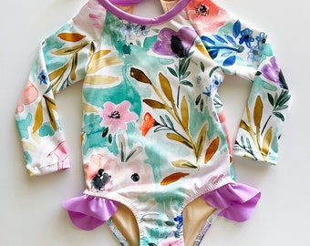 Girls Watercolor Floral Rash-guard Swimsuit// Baby Girl Long Sleeve Bathing Suit