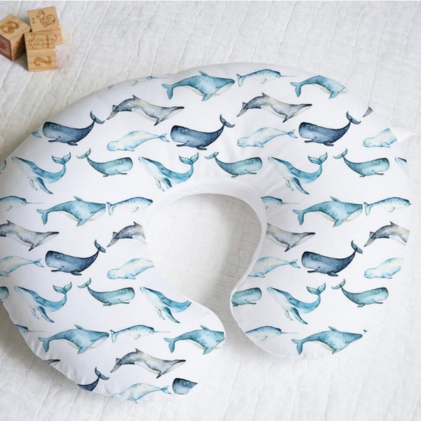 Watercolor Whale Nursing Pillow Cover// Boys Nautical Themed Nursing Pillow Cover