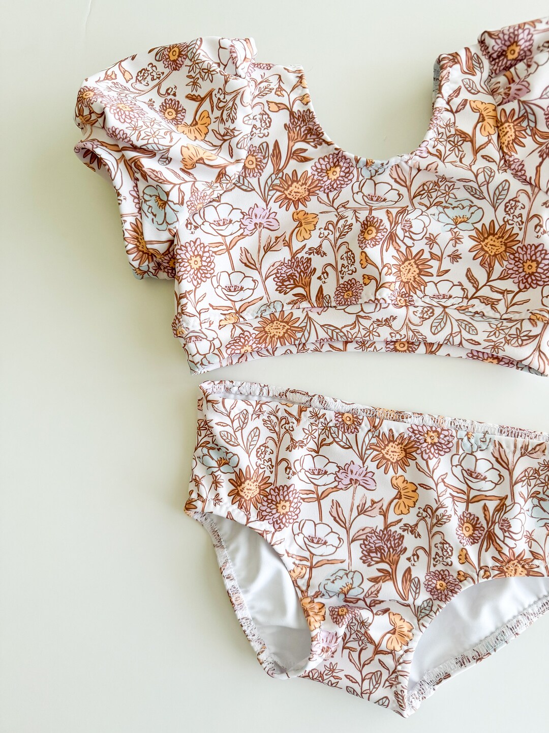 Baby Girl Floral Pattern Puff Sleeves Swimwear With Hats