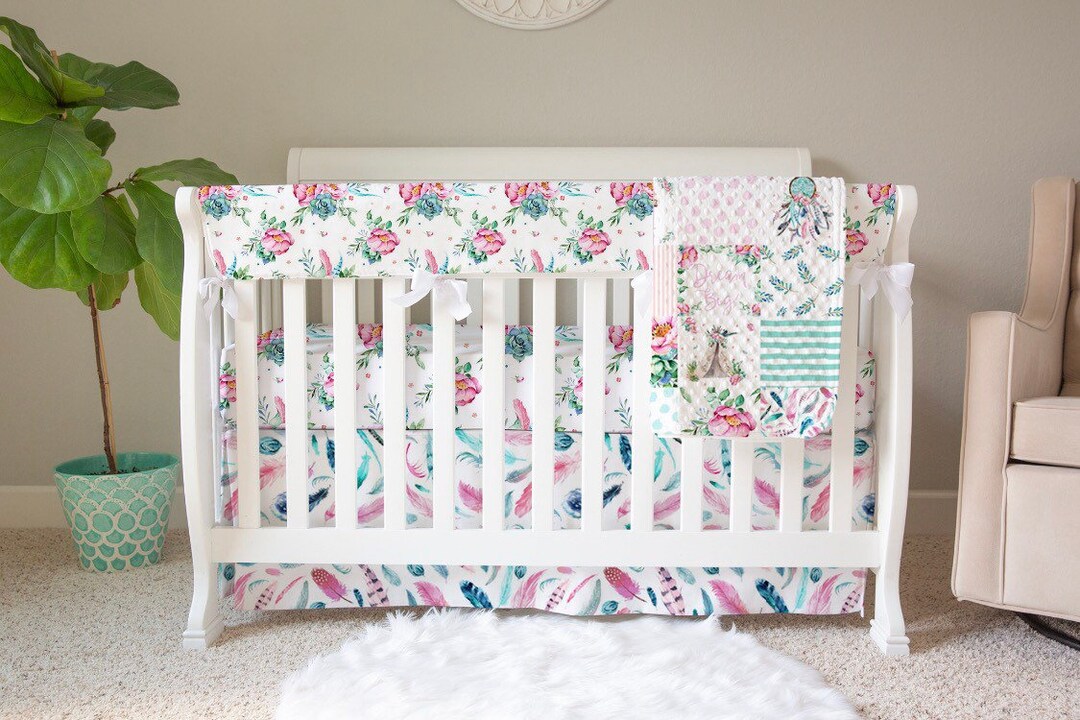 Aztec Boho Floral Bedding Collection// Baby Girl Floral Feather Crib