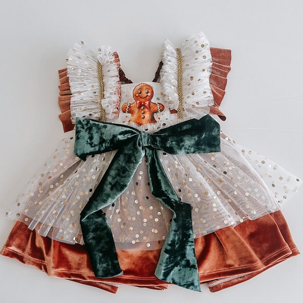 Gingerbread Christmas Dress//Girls Christmas Dress//Girls Tulle Velvet Christmas Outfit