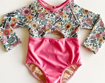 Girls Floral Rash-guard Swimsuit// Baby Girl Long Sleeve Bathing Suit