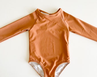 Girls Solid Tan Rash-guard Swimsuit// Baby Girl Long Sleeve Bathing Suit