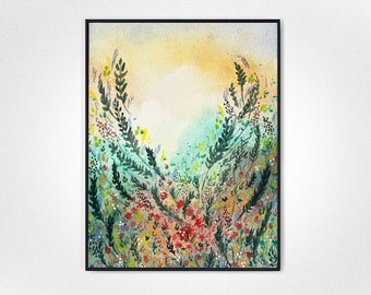 Watercolor Flowers, Meadow Painting, Watercolor Floral, Abstract Floral Art, Colorful Wildflower Art, Nursery Art, Botanical Flower Greenery