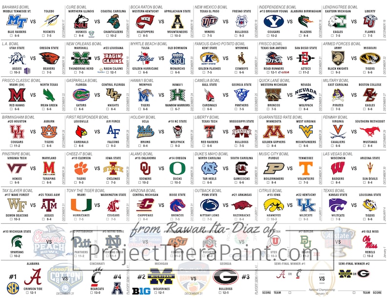 Printable College Bowl Picks Game Sheet Downloadable College Etsy