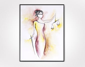 Lady Justice Wall Decor, Lady Justice Art, Lawyer Watercolor Art, Lawyer Gift, Law Student Gift for Women, Judge Art Gift, Pass The Bar Gift