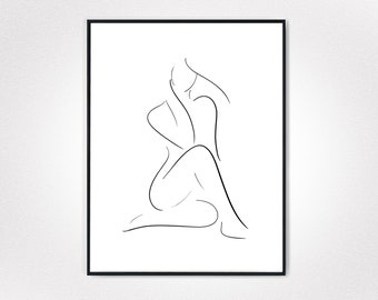 Weibliche Linienzeichnung, feminine schwarz weiße weibliche Silhouette, Weiblichkeit, Frau Skizze, Linienzeichnung, weibliche Nacktheit, minimalistische digitale Kunst