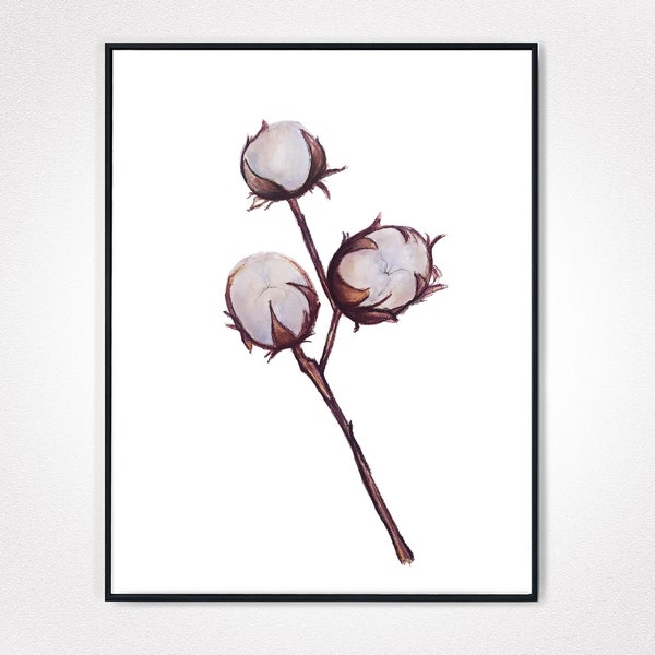 Cotton Watercolor, Cotton Bolls Painting, Nature Decor, Nature Life, Shabby Chic Wall Printable, Botanical Digital Download, Plant Wall Art