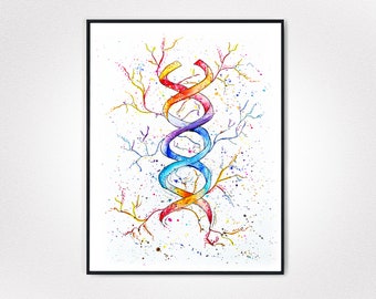 DNA Science Art, Helix, Watercolor neurons, DNA Strand, medical art, neurons wall art, doctor office art, gift for medical student, EMT Art