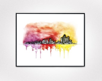 Detroit Cityscape Watercolor Art, Printable Detroit Skyline, Watercolor Detroit City, Colorful Skyline, Detroit Michigan Instant Download