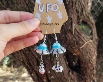 U.F.O Cow Abduction Earrings - Handmade - Alien - Polymer Clay - Jewelry