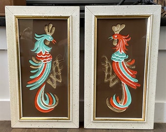 Mid Century Turner Prints in Frames/Molded Plastic/Turquoise, Dark Orange,White and Gold Rooster/MCM Turner Wall Accessary/Gorgeous Pictures