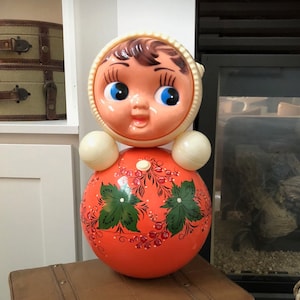 Vintage Roly Poly Doll/Plastic Russian Doll/Nevalyashka Roly Poly/Red/Coral Music Doll/Soviet Union Musical Toy/Roly Poly/Russia Ding Doll