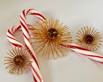 Sarah Coventry Brooch and Earring Set/Vintage Brooch/Vintage Jewelry/Amber Stone/Atomic Star Brooch/Atomic Brooch and Earring Set/Clip Ons