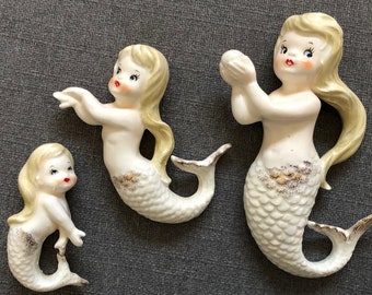Norcrest Mermaid Figurines/Ceramic Mermaids/Vintage Mermaids/Chalkware Mermaid/Mermaid Plaques/Rare Norcrest Mermaid Set/Wall Hangings