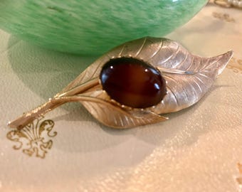 Vintage Leaf Brooch with Tigers Eye Stone / Gold Plated Brooch/Vintage Pin