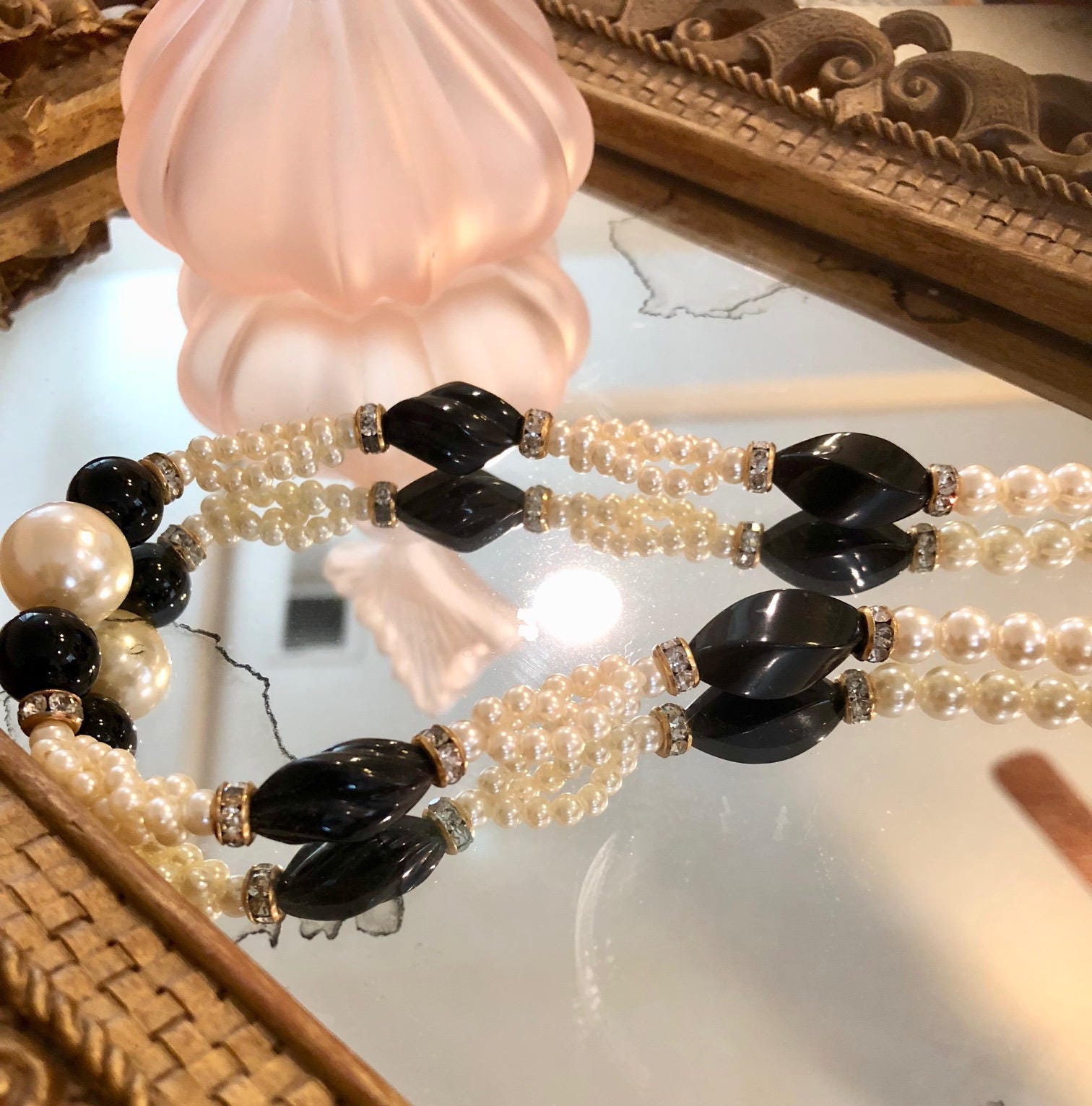 Vintage Faux Pearl and Black Beaded Necklace and Earrings 