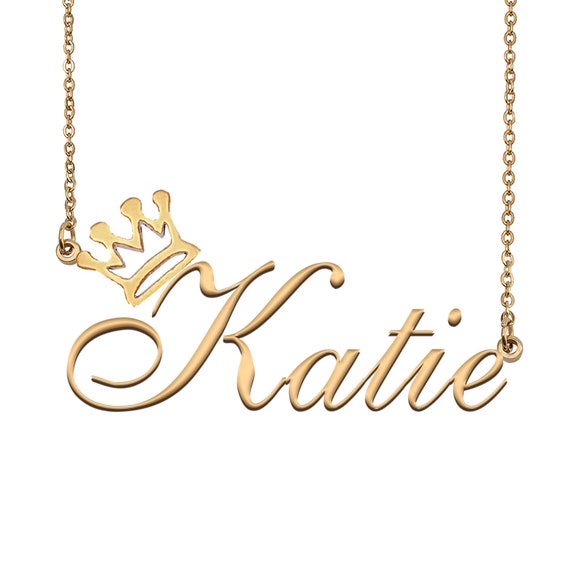 Katie Name Necklace With Crown Name Necklace Gold Custom Name
