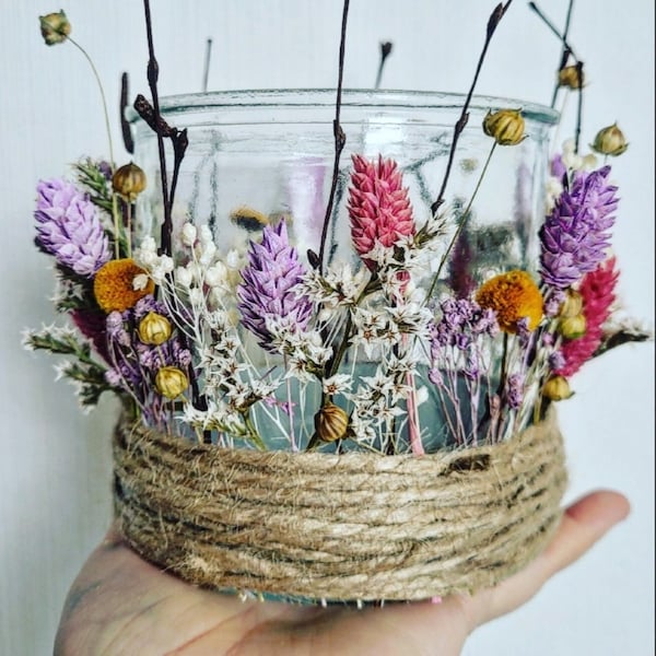 Windlicht mit Trockenblumen - WILDBLUMEN - Teelicht Kerzenständer - Trockenblumen im Glas - süße Geschenk Idee Tischdeko Boho Style