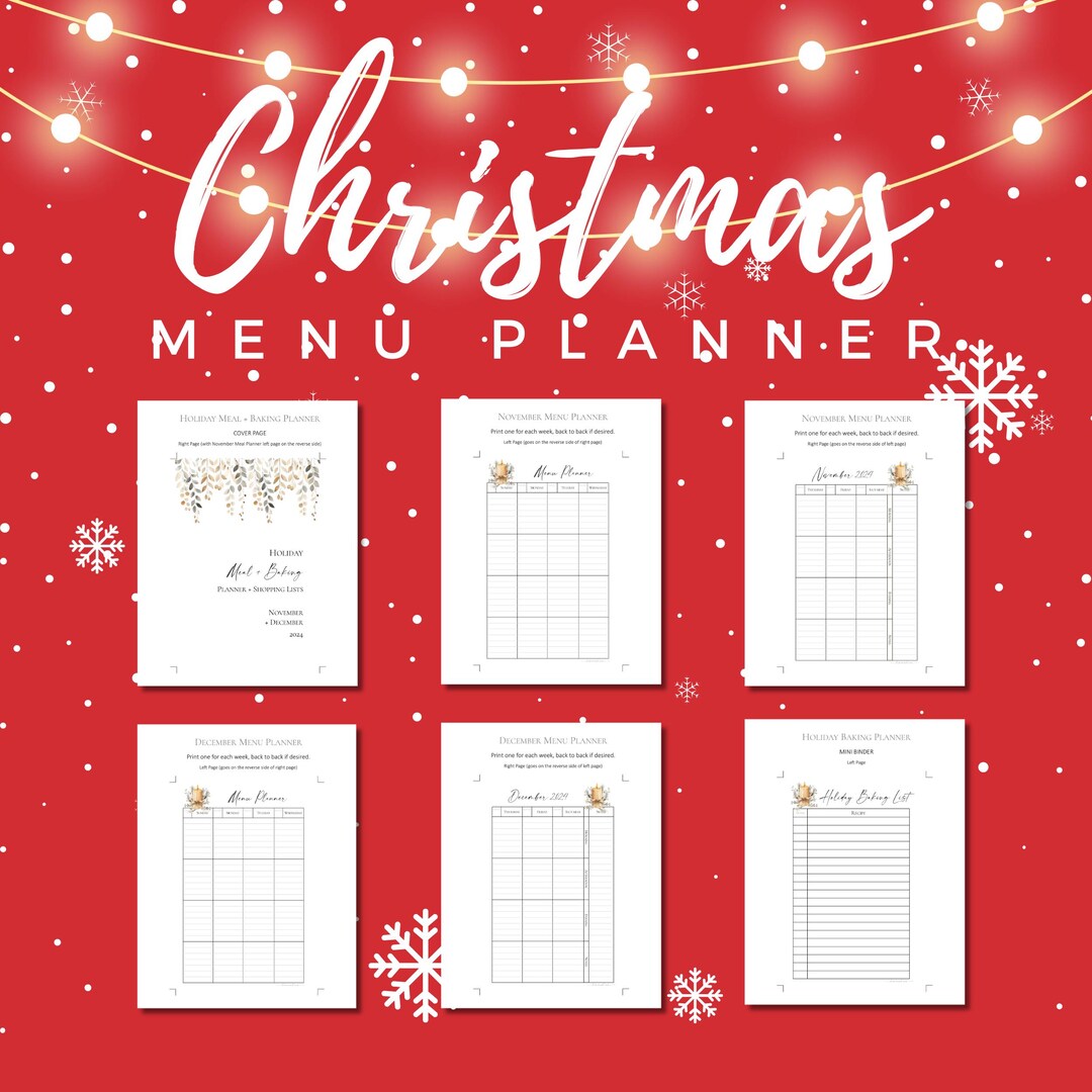 Paquete de menús navideños imprimibles y planificador de repostería ...