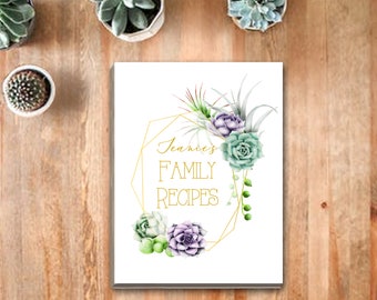 Recipe Book Printables, Instant Cook Book, Watercolor Succulents, Faux Gold Geometric Design, Your Name, Mini Binder Size, DIY Gift for Her
