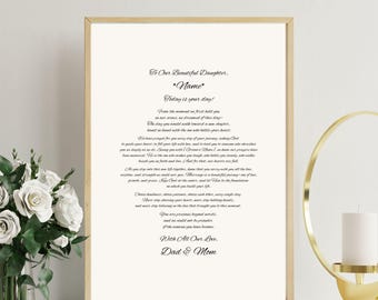 Personalized Letter to Daughter on Her Wedding Day | White Keepsake Memory Print 5"x7", 8"x10", 11"x14" From Parents With Couples Names