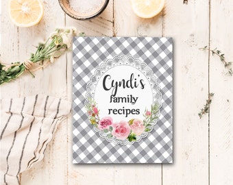Digital Download Recipe Album, Grey Buffalo Check Doily and Roses, Farmhouse Style Personalized Mini Binder Size Printable DIY Gift for Cook
