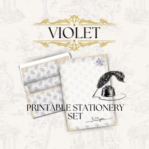 Violet Vintage Regency Style Printable Stationery Set | Lined or Unlined Digital Letter Writing Paper A7 and A2, Matching Envelopes, Liners