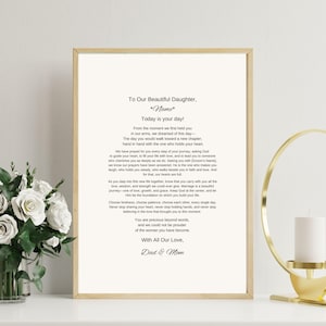Carta personalizada con fuente moderna para hija, regalo de boda de los padres, impresión digital con fondo crema, elegante recuerdo de boda para recién casados.