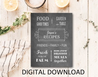 Digital Recipe Book, Chalkboard Design, Personalized Recipe Binder DIY, Printable Cookbook, Instant Download, Your Recipe Book, Kitchen