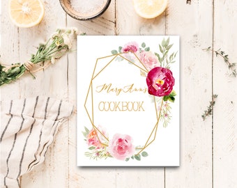 Geo Roses, Watercolor Design, Recipe Album. Small Binder Size, Personalized, Favorite Recipes, Bridal Shower Gift, Birthday Gift For Her