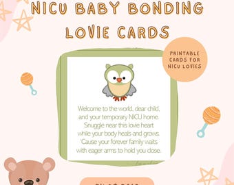 Whimsical Owl Bonding Lovie Heart Poem Cards | Cute Baby Art Printable Digital DIY Tags for NICU Care and Parent-Preemie Connection PDF File