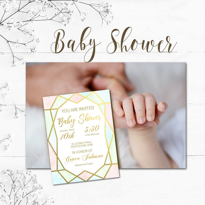 Personalized Invites kimenink Girl Baby Shower Faux Gold Baby Shower Invitation Boy Baby Shower Geometric Design