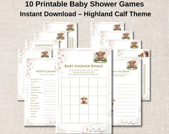 Moo-ments Highland Calf Printable Baby Shower Games – 10 Fun Baby Shower Games with Answer Keys – Watercolor Cow Theme – Instant Download