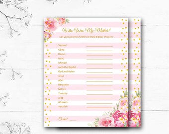 Stripes N Roses Watercolor Design Baby Shower Game, Name My Mother Bible Babies Game, Digital Download, Kimenink