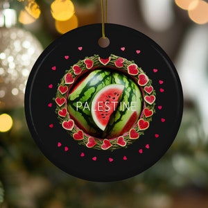 FREE PALESTINE,Watermelon Hearts Circle Ceramic Ornament 2, Palestine Art Gift, Holiday Home Decor Gift 2-Side Print 1pc, 3pcs, 5pcs, 10pcs
