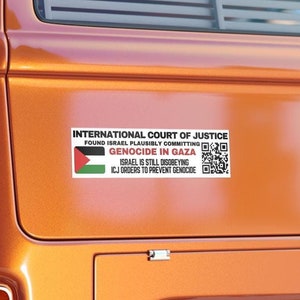 FREE PALESTINE, International Court Justice Israel Genocide Gaza QR code, All Profits Donated, Bumper Sticker sizes 11x3 and 15x3.75 inches