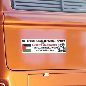FREE PALESTINE, International Criminal Court Arrest Netanyahu QR code, All Profits Donated, Bumper Sticker sizes 11x3 and 15x3.75 inches