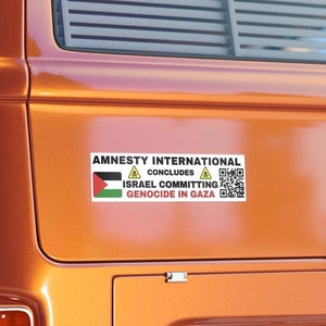 FREE PALESTINE, Amnesty International Israel Genocide in Gaza QR code, All Profits Donated, Bumper Sticker sizes 11x3 and 15x3.75 inches