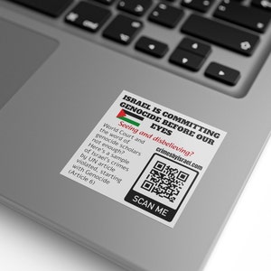 FREE PALESTINE - Crimes by Israel Listed by United Nations Article Violated QR code - All Profits Donated - Square Sticker Label Rolls