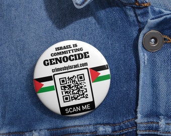 FREE PALESTINE - Crimes by Israel Listed by United Nations Article Violated QR code - All Profits Donated - Palestine Flag Pin Buttons