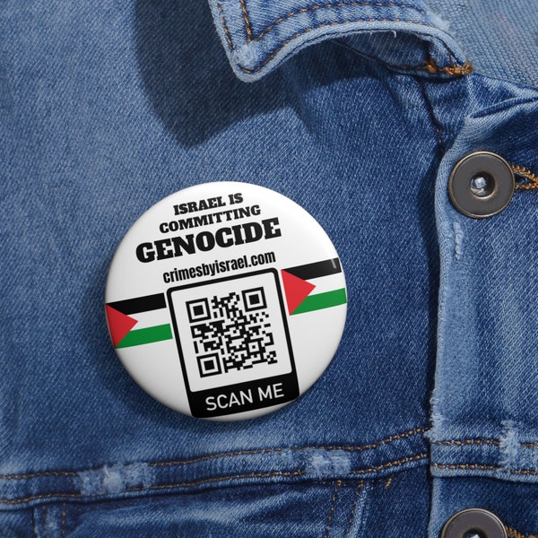 FREE PALESTINE - Crimes by Israel Listed by United Nations Article Violated QR code - All Profits Donated - Palestine Flag Pin Buttons