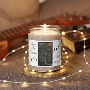 FREE PALESTINE - All Profits Donated - Botanical Olive Tree Calligraphy - Long Live Palestine - Steadfastness - Scented Soy Candle, 9oz