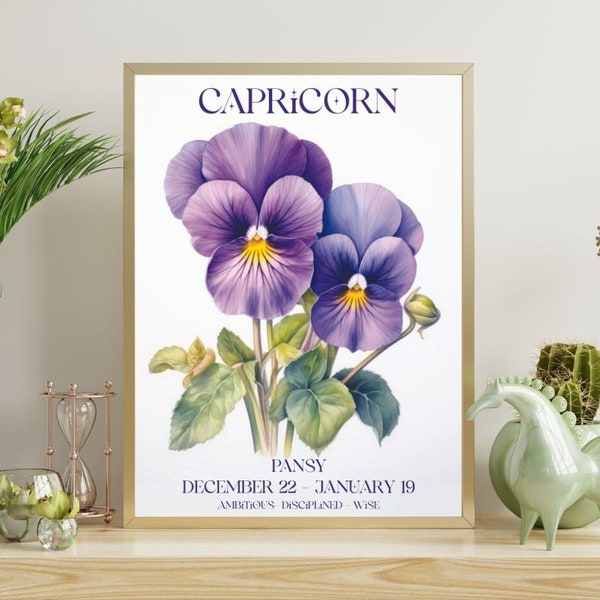 Capricorn Zodiac Flower Print | Zodiac Flower Print | Capricorn Gifts | Capricorn Print Customizable Decor and Gifts | Pansy Flower Print