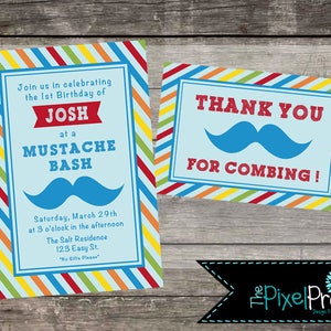 Moustache Bash verjaardagsfeestje uitnodiging rood oranje groen gele en blauwe kleuren, verjaardagsuitnodiging met GRATIS bedankkaart, THEPIXELPRO